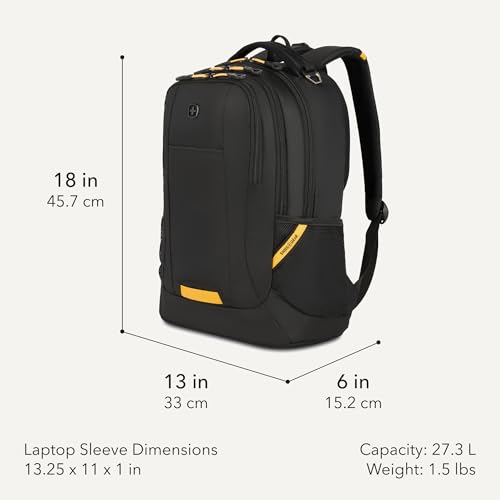 SWISSGEAR Cecil Laptop Backpack, Fits Most 16-Inch Laptops, Three-Compartment Design, Airflow Back Panel, Black, 27.3L, 18-Inch - color: Black/Gold