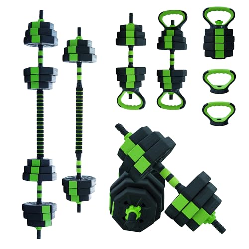 4-in-1 Adjustable Dumbbell Set, 44 lbs Weight Set Used as Dumbbell, Barbell, Kettlebell & Push up Stand, Multifunctional Home Gym Workout Equipment for Men & Women, Green