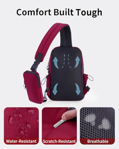 ECOHUB Anti-Theft Crossbody Bag Men Women, RFID Blocking Lightweight Sling Backpack Eco-Friendly with 9 Pockets Sturdy SBS Zippers Water Resistant for Travel Work Hiking Outdoor, Red - color: Red