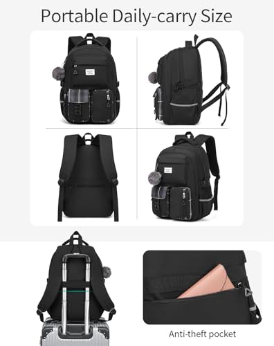 School Backpack for Teen Girls, Big Student Laptop Backpack Aesthetic Bookbags for College Women Elementary Middle High School Travel Mochilas Escolares, Black