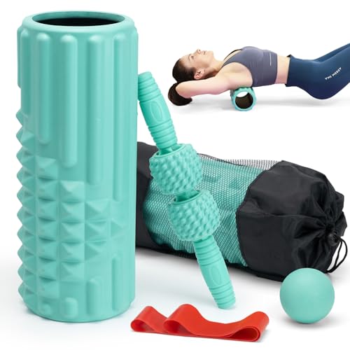 5 in 1 Foam Roller Set, High Density Fitness Exercise Foam Roller for Deep Tissue Muscle Massage, Massage Roller, Massage Ball, Resistance Band, for Whole Body(Tiffany Green) - color: Tiffany Green