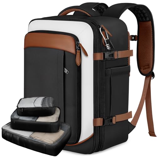 Vancropak 40L Carry On Travel Backpack for Men & Women, Expandable Flight Approved Weekender Backpack with 3 Packing Cubes, Water-Resistant Anti-Theft Laptop Backpack, Lightweight Business Travel Bag - color: Black White Light Brown