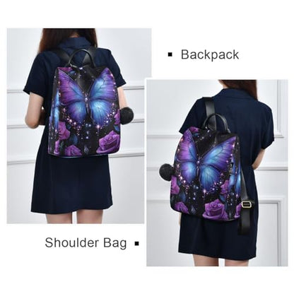MNSRUU Backpack Womens, Anti-Theft Womens Backpack Travel Handbags Shoulder Bag Butterfly Rose Carry On Ladies Rucksack Fashion Casual Daypack, Hairball Pendant - color: Butterfly A16955