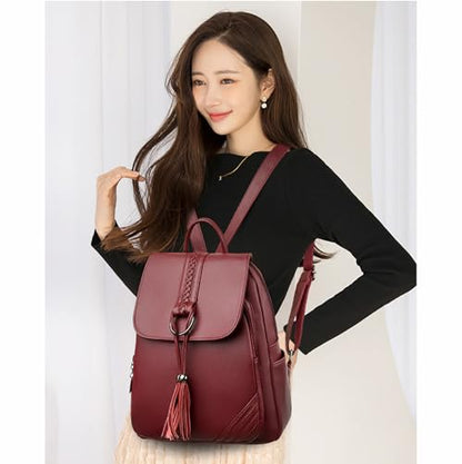 Women's Travel Backpack Leather Tassel Backpack Adjustable Shoulder Straps Casual Daypack Durable Bag Work Commute (Red) - color: Red