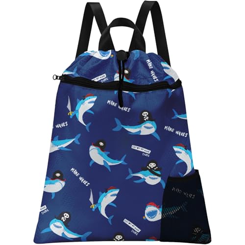 Blue Shark Drawstring Backpack, 15” x 17” Waterproof Swim Bag for Beach Swimming Pool, Lightweight Foldable Gym Bag with Water Bottle Holder for Sports Travel - color: Blue Sharks