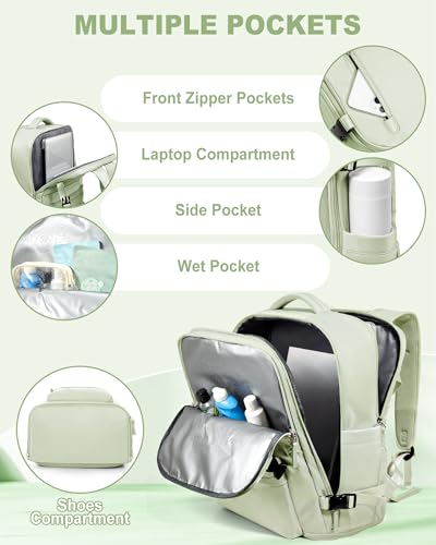 VECAVE 18x14x8 TSA-Approved Personal Item Backpack – Under Seat Carry-On Travel Bag for Women, Fits 15.6" Laptop, with Water Bottle & Shoe Pouch, Airline Travel Backpack Flight approved Green. - color: H8-green, size: Large