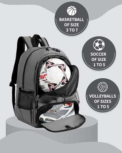 Basketball Bag Backpack for Men Women with Ball & Shoes Compartment 30L Capacity Lightweight Breathable Boys Girls Soccer Ball Bag Backpack Fit Volleyball Football Sports Travel School Gym - color: TK8Gray