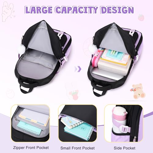 DIGOBAY 3PCS Girls Backpack for School, Kids Backpack for Girls with Lunch Box Pencil Case Set for Teen Girl Elementary Primary Middle High College School Bookbag with Cute Pins (Black-Purple) - color: Black-purple