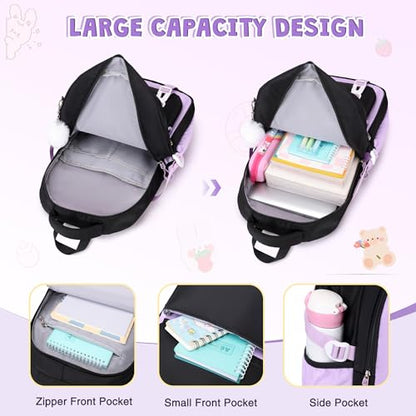 DIGOBAY 3PCS Girls Backpack for School, Kids Backpack for Girls with Lunch Box Pencil Case Set for Teen Girl Elementary Primary Middle High College School Bookbag with Cute Pins (Black-Purple) - color: Black-purple