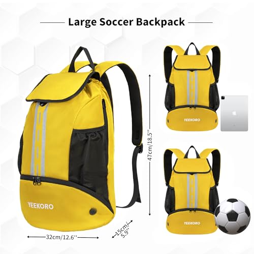 Soccer Backpack Multifunctional Sport Gym Bags with Dry-wet Separate & Shoe Compartment for Basketball Volleyball - color: Upgraded Yellow