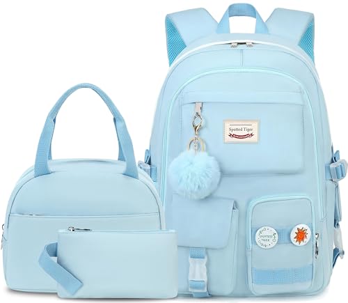 Spotted Tiger School Backpack for Girls Backpack with Lunch Box Anime Bookbag School Bag Kawaii Backpack Set for Teen Girls (Blue) - color: Blue