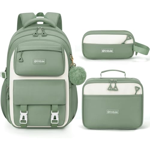 Fimibuke Backpacks for Girls, 3 PCS Waterproof School Backpack with Lunch Box & Pencil Pouch for Kids Teen Girl, Cute Bookbag School Bag for Elementary Middle High School Student Ages 6+(Green) - color: Grey & Green