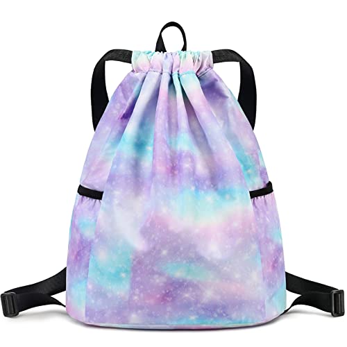 Rainbow Galaxy Kids Drawstring Backpack Gym String Bag Lightweight Sackpack Sports Backpack for Girls Shopping Sport Yoga Blue Purple - color: Galaxy Blue Purple