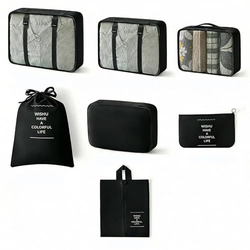7 Set Compression Packing Cubes for Travel Essentials,Compressible Expandable Large Luggage Suitcase Organizer Bags for Clothing,Durable Space Saver Storage Bags with Toiletry Bags (Black) - color: Black