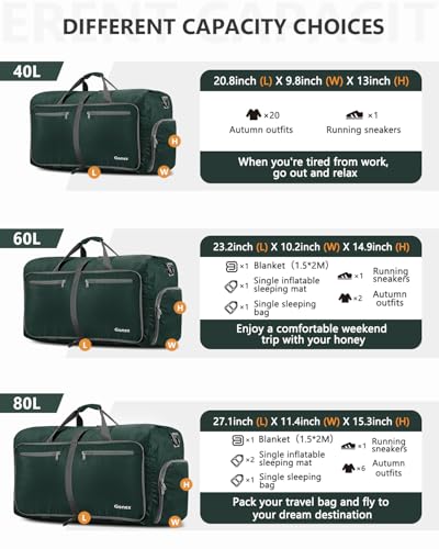 Gonex Large Foldable Travel Duffle Bag with Shoes Compartment, Packable Lightweight Water Repellent Duffel Bag for Camping Gym Weekender Bag - color: Dark Green, size: 80L