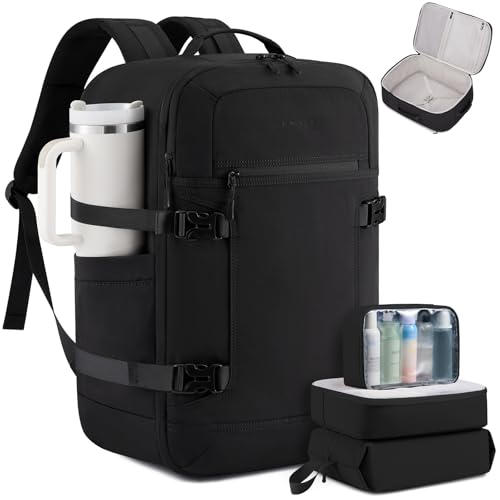 LOVEVOOK 40L Travel Backpack for Women & Men, Airline Approved Carry On Backpack with 3 Packing Cubes, TSA Personal Item Bag, Waterproof Weekender Overnight Backpack Fits 17" Laptop - color: Black, size: Large-40L-4Pcs