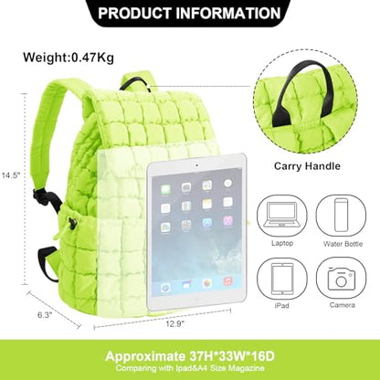 XSUIOY Quilted Backpack Purse for Women Small Lightweight Puffer Puffy College Laptop Backpack Nylon Casual Bookbag Daypack Top Flap Drawstring Padding Hiker Travel Gym Backpack(Green) - color: Green