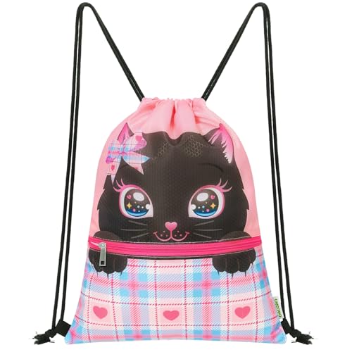 WAWASAM Kids Drawstring Backpack, Gym Swim Bag Cinch Bag for Girls Boys with Zipper Pocket - color: Cat