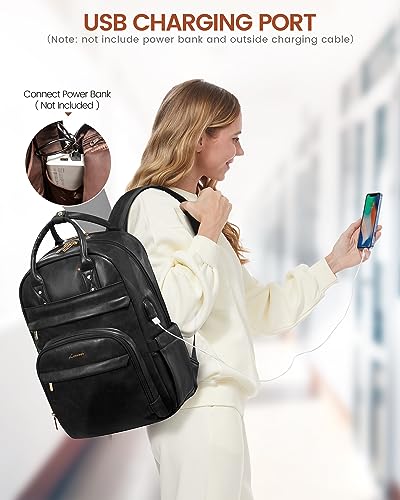 LOVEVOOK Vintage PU Leather 15.6 inch Women's Laptop Backpack, Black, 25L, Water Resistant, USB Charging Port