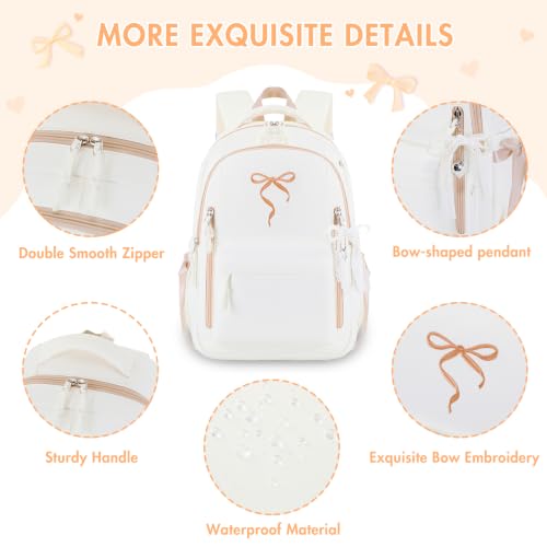 Kids Backpack for Girls - 3PCS Cute Embroidered Bow Girls Backpack with Insulated Lunch Bag & Pencil Case - Bookbag for Teen Women Middle High School College Work Travel Daypack - color: Beige Khaki