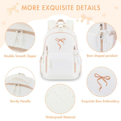 Kids Backpack for Girls - 3PCS Cute Embroidered Bow Girls Backpack with Insulated Lunch Bag & Pencil Case - Bookbag for Teen Women Middle High School College Work Travel Daypack - color: Beige Khaki