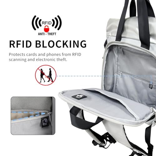 Rolltop Backpack, Travel Rucksack for Men Women, Anti Theft Backpacks with 15.6-inch Laptop Compartment, Waterproof Casual Daypack for Work, Business, Commuter and College - color: Light Grey