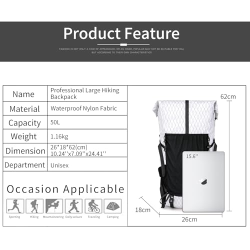 Hiking Backpack,40L to 50L Extra Large Capacity Hiking Bag,Internal Frame Camping Backpack,Upgraded X-PAC Lightweight Sport Daypack Travel Backpack Fit For Mountain Climbing Camping(White) - color: White