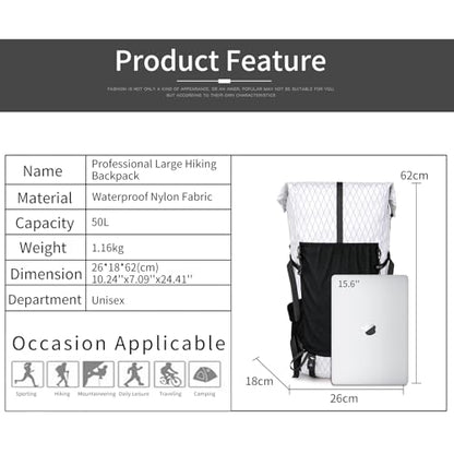 Hiking Backpack,40L to 50L Extra Large Capacity Hiking Bag,Internal Frame Camping Backpack,Upgraded X-PAC Lightweight Sport Daypack Travel Backpack Fit For Mountain Climbing Camping(White) - color: White