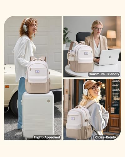 LOVEVOOK Laptop Backpack for Women Teens,College School Backpack with Tumbler Holder,15.6" Computer Bag,14 Pockets,Waterproof - color: Khaki/Cream, size: 15.6inch
