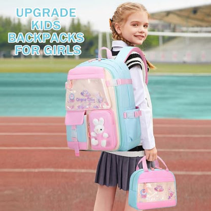 FIXITOK Girls Backpack Set, 3PCS Kids Backpack for Girls, Kawaii Bunny School Backpacks for Girl Kindergarten Elementary Preschool Middle School Bags with Lunch Box Pencil Case Aquamarine - color: Aquamarine