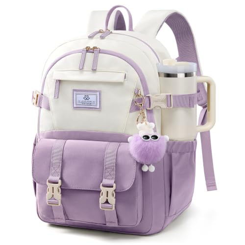 LOVEVOOK School Backpack for Teen Girls, Bookbag for 8-16 Student, Middle High College Back to School Cute Kids Backpack, 17.3 Inch, Purple-beige - color: Purple-beige, size: 17.3 Inch