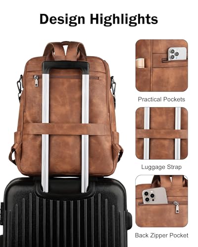 FADEON Laptop Backpack for Women Leather Travel Backpack with Laptop Compartment, Designer Ladies Computer Backpacks Brown - color: 1 Brown Retro Style