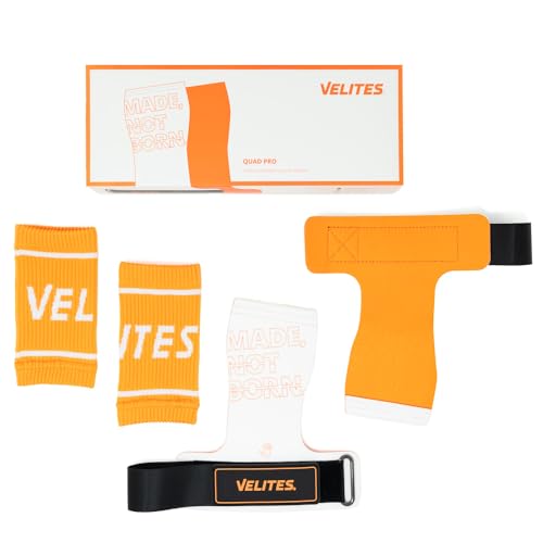 Velites - Official Games Quad Pro Grips - with Chalk - Wristbands Included - Pull-ups, Muscle-ups, and Toes-to-bar - color: Orange, size: X-Large
