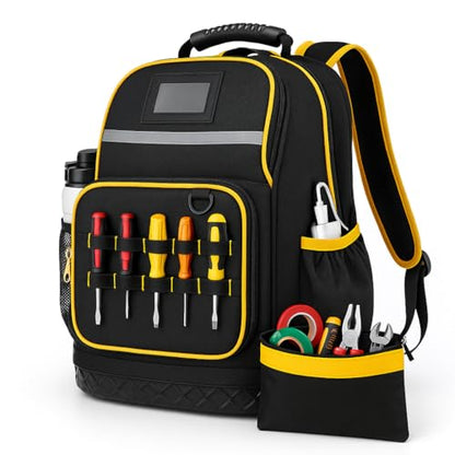 Rugged yet Comfortable Tool Backpack with Hard Molded Bottom and Tool Pouch, Heavy Duty 1680D Tool Bag with Laptop Sleeve, Multiple Pockets for Power Tools and Hand Tools, USB Port, Padded Straps