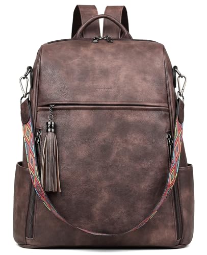 FADEON Leather Laptop Backpack for Women Designer 15.6 inch PU Laptop Bag, Ladies Travel Computer Work Backpack Coffee Brown - color: Coffee Brown Retro Style
