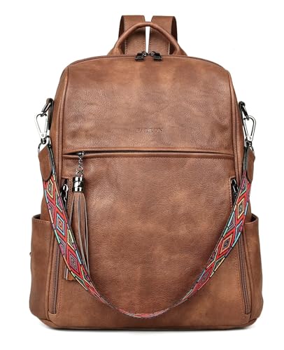 FADEON Leather Backpack Purse for Women Designer Travel Backpack Purses PU Fashion Ladies Shoulder Bag with Tassel - color: 1 Brown Retro Style