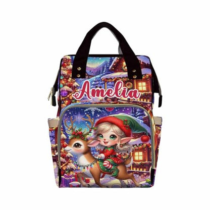 Custom Diaper Bag with Name, Personalized School Bag Christmas Elk Print, Monogram Nappy Backpack with Thermal Pockets for Adults Kids, Large Capacity Waterproof Diaper Bag Xmas Gift - color: A-color-1