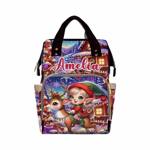 Custom Diaper Bag with Name, Personalized School Bag Christmas Elk Print, Monogram Nappy Backpack with Thermal Pockets for Adults Kids, Large Capacity Waterproof Diaper Bag Xmas Gift - color: A-color-1