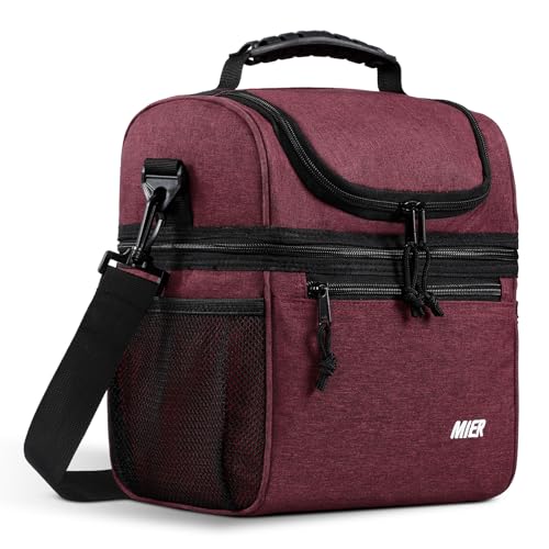 MIER Insulated Lunch Box Bags for Men Women, Dual Compartment, Burgundy | Leakproof Lunchbox Cooler, Work, Travel, Park Trip, Side Mesh Pockets, Adjustable Shoulder Strap, Zipper Pockets, Durable - color: Burgundy, size: Medium