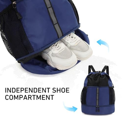 Valleycomfy Drawstring Gym Bag Sports Backpack With Shoe Compartment and Reflective Strips Dark Blue - color: Dark Blue