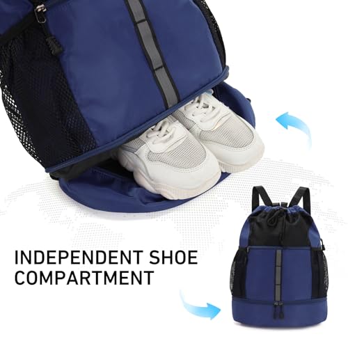 Valleycomfy Drawstring Gym Bag Sports Backpack With Shoe Compartment and Reflective Strips Dark Blue - color: Dark Blue