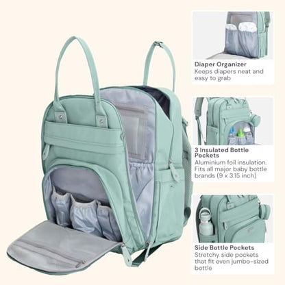 BabbleRoo Diaper Bag Backpack - Baby Essentials Travel Bag - Multi Function Water Resistant Diaper Bag, Travel Essentials Baby Bag with Changing Pad, Stroller Straps & Pacifier Case – Sage Green - color: Sage Green, size: Large