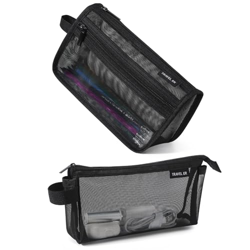 2-Pack Clear Mesh Pencil Case Pouch with Handle (Black) | Inside are visible, Single & double Layer combination, Various uses, Light weight, Robust quality