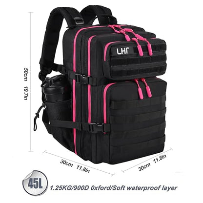LHI Military Tactical Backpack for Men and Women 45L Army 3 Days Assault Pack Bag Large Rucksack with Molle System - Black with red zipper - color: 1.0 Black With Red Zipper