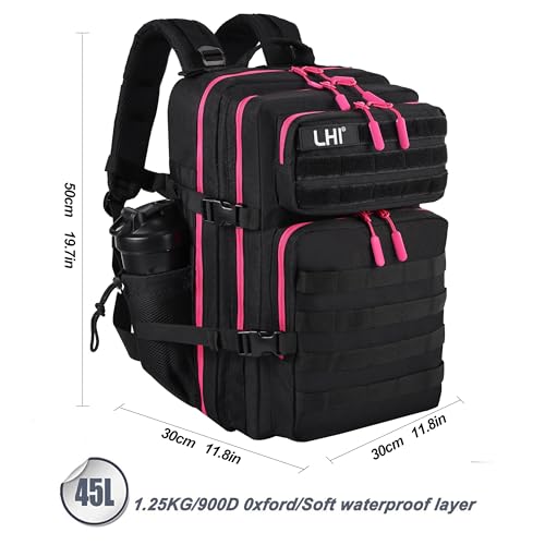 LHI Military Tactical Backpack for Men and Women 45L Army 3 Days Assault Pack Bag Large Rucksack with Molle System - Black with red zipper - color: 1.0 Black With Red Zipper