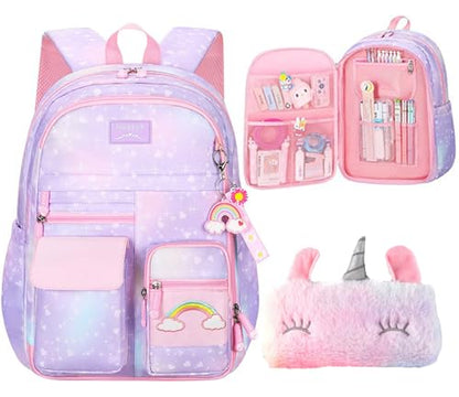 Girls Gradient Rainbow Backpack,Cute Student School Backpack With Pen Bag,Starry Rainbow Laptop Travel Bag-Purple - color: Gradient Purple