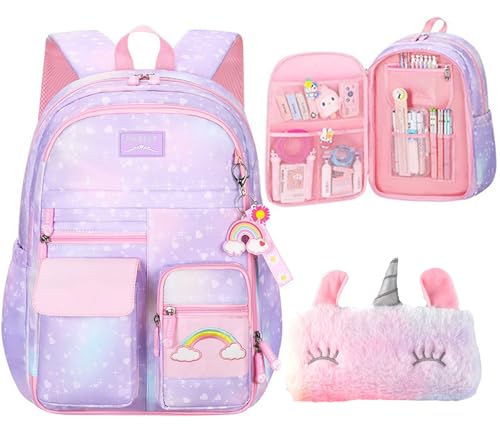 Girls Gradient Rainbow Backpack,Cute Student School Backpack With Pen Bag,Starry Rainbow Laptop Travel Bag-Purple - color: Gradient Purple