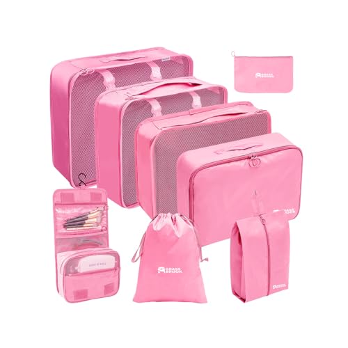 8 Set Packing Cubes for Travel Essentials With Hanging Toiletry Bag for Women, Lightweight Suitcase Organizer Bags with Mackup bag, Carry On Luggage Accessories (Pink) - color: Pink