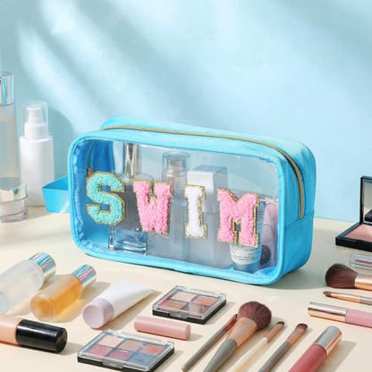 Kacctyen Swim Bag Swimsuit Clear Swimming Bag Swim Team Gift Accessories Chenille Letter Nylon Cosmetics Makeup Toiletry Small Pool Bags Waterproof Pouch for Women Swimmers Beach - color: Blue, style: Swim