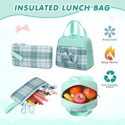 GeeWin School Backpack for Girls, Bookbags Back Pack School Bag for Teen Girl Elementary Middle School Student, Cute Stylish Plaid Girls Backpack with Matching Insulated Lunch Bag & Pencil Bag (Green) - color: Green